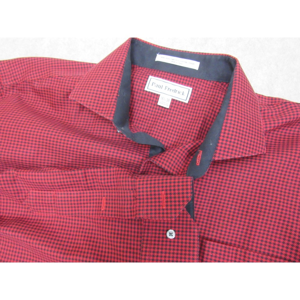 Paul Fredrick Mens Red Black Houndstooth Non-Iron Cotton Dress Shirt 16.5 36